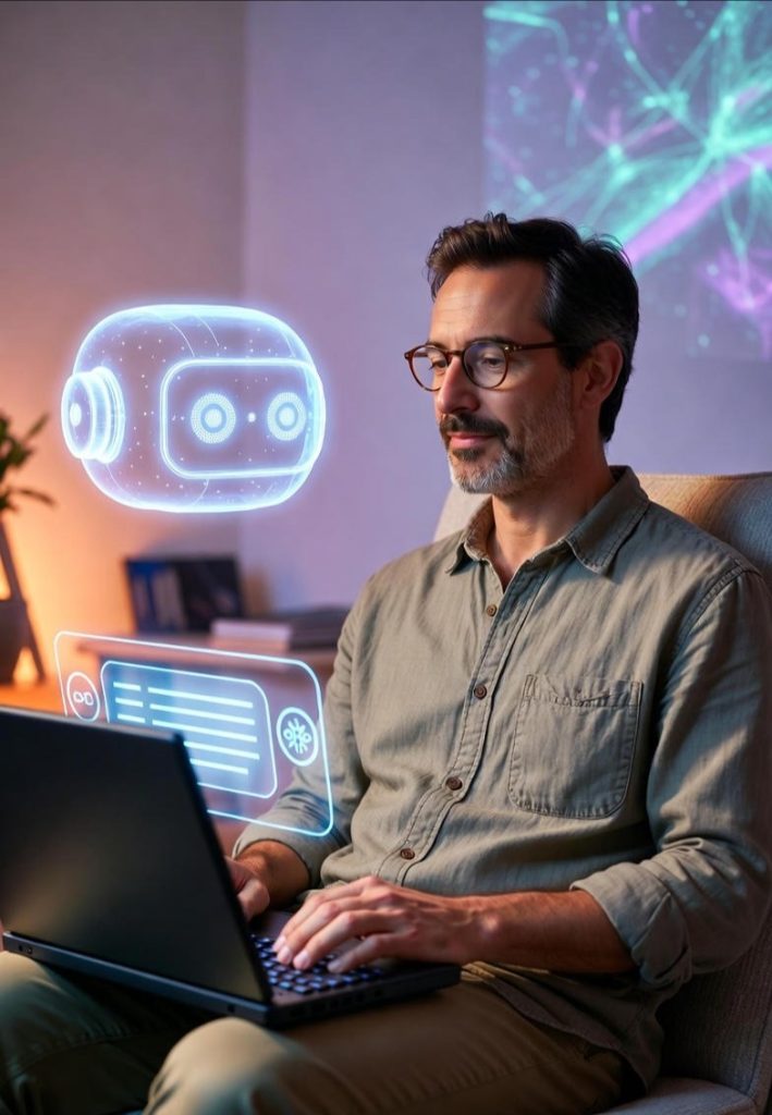 Calm middle-aged man engaging in AI-assisted psychedelic therapy in a modern, cozy workspace.