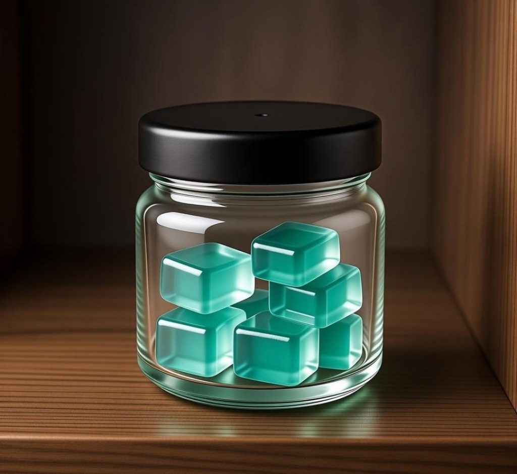 Premium LSD gel tabs beautifully stored in amber glass jar with airtight black lid – elite technique for maximum potency and longest shelf life.