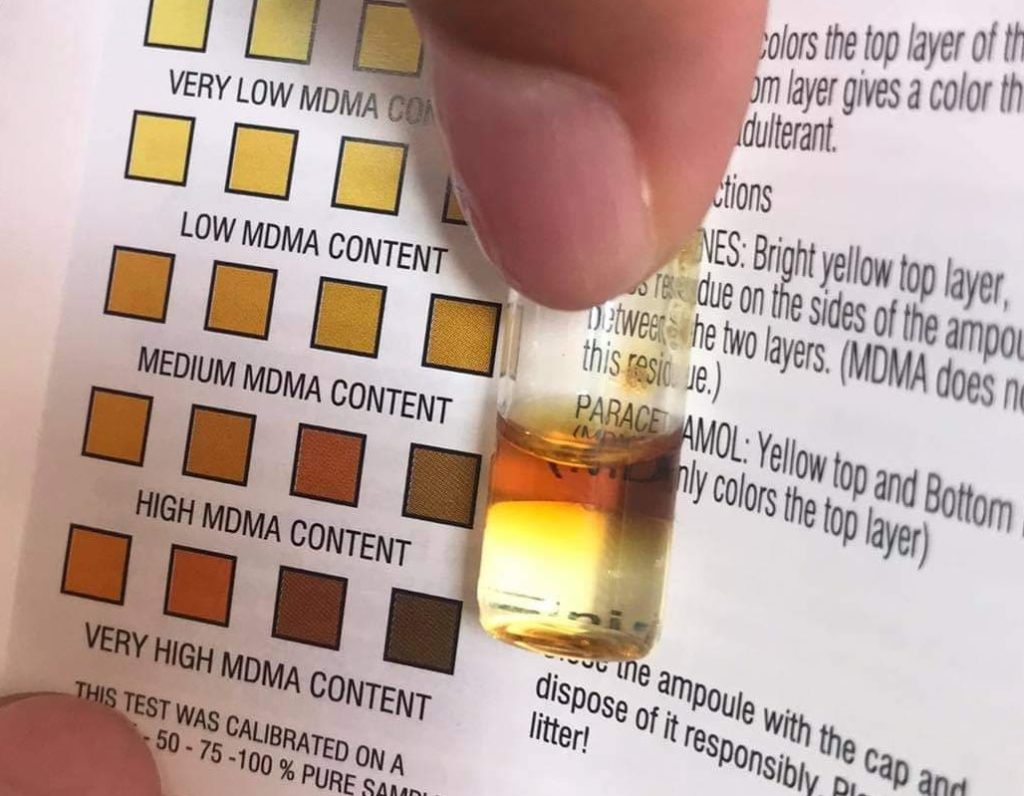 Color chart showing MDMA purity levels in reagent test: top layer ranges from light yellow (very low) to deep brown (very high). Example ampoule shows medium-strength reaction. Unexpected layers or colors indicate possible adulterants.
