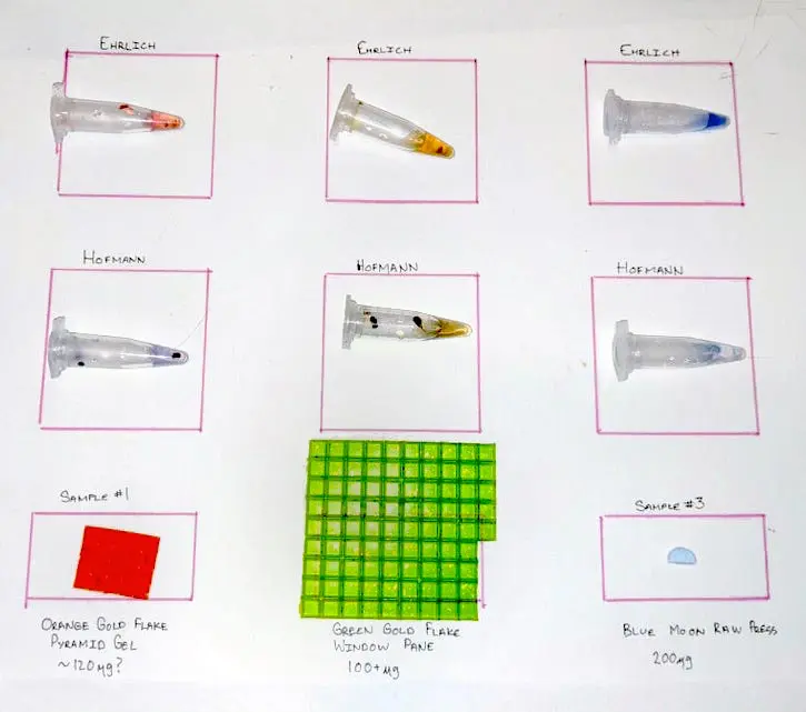 LSD gel tab reagent testing with Ehrlich purple and Hofmann blue positive color changes on orange gold flake pyramid, green gold flake windowpane, and blue moon samples