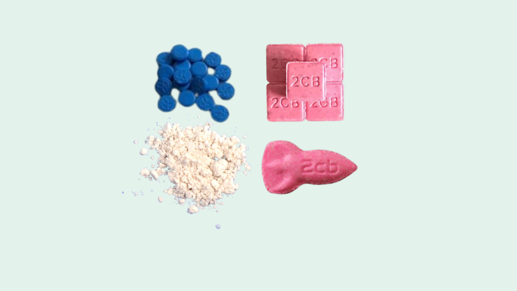 2C-B pills dosage guide: pink pressed tablets with 2C-B imprint, blue round pills, white powder, and pink rocket-shaped form – visual identification for effects, dosage, purity testing and harm reduction