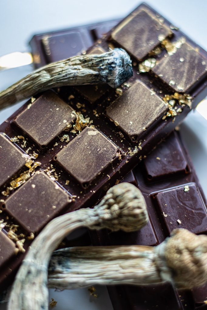 Close-up of premium gold-flecked artisanal psilocybin chocolate bars and whole dried mushrooms, showcasing lab-tested quality and luxury presentation.