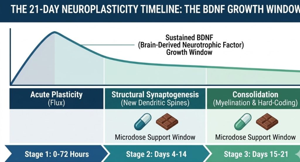 A scientific infographic detailing the three stages of the 21-day neuroplasticity timeline, including acute plasticity, structural synaptogenesis, and consolidation through myelination.