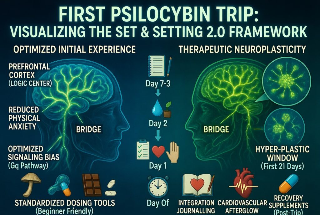 A medical infographic for a first psilocybin trip illustrating the Set and Setting 2.0 framework, Gq signaling bias, and the 21-day hyper-plastic window.