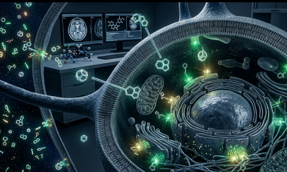 Immersive medical illustration of a massive neuron cell, visualizing the collective action of thousands of classic psychedelic neuroplastogens crossing the cell membrane to target intracellular 5-HT2A receptor clusters during the March 2026 breakthrough.