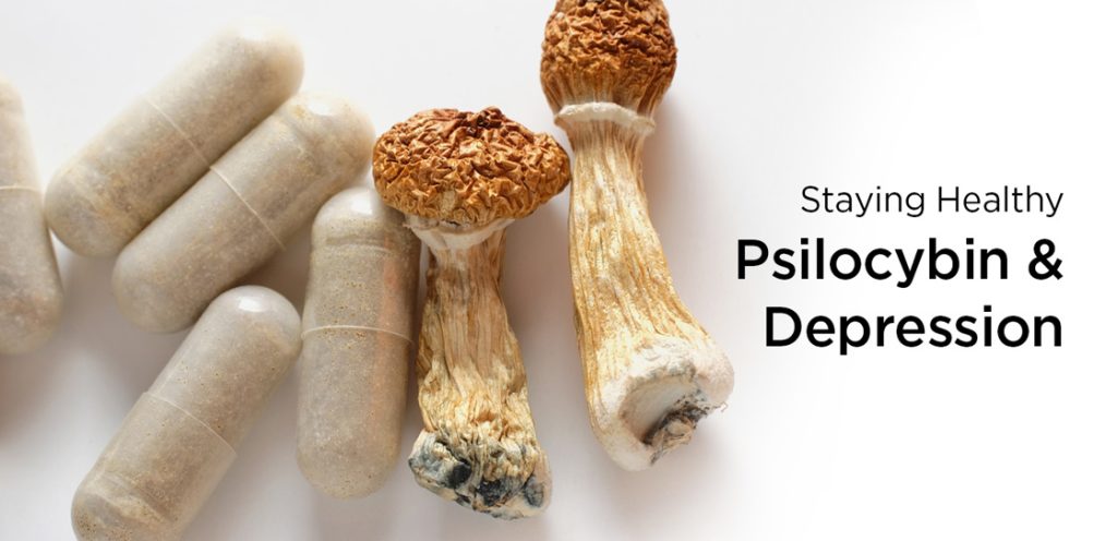 Close-up of dried psilocybin mushrooms and clinical-grade capsules used for psilocybin for depression research and therapy.