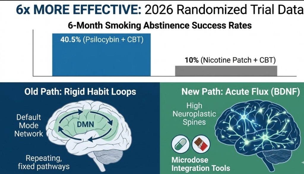 A scientific infographic showing a 40.5 percent success rate for psilocybin compared to 10 percent for nicotine patches, illustrating Default Mode Network (DMN) deactivation and neuroplastic spine growth.