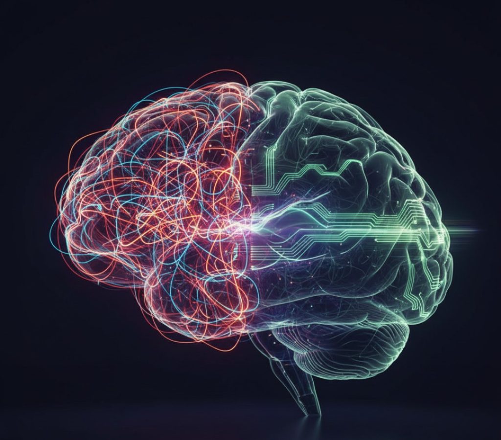 Digital visualization of a human brain transitioning from chaotic, tangled red neural pathways to organized, harmonious green circuits, representing a psychedelic neuro-reset for OCD.