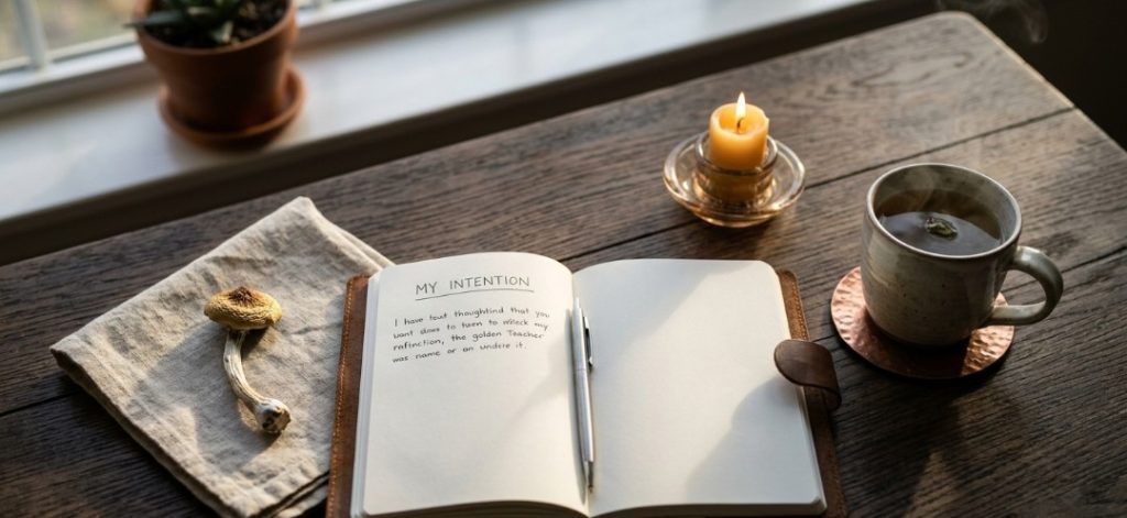 A top-down photograph of a serene psychedelic preparation ritual. A leather journal is open to a page titled 'My Intention,' with a steaming tea cup, a lit beeswax candle, and a single Golden Teacher mushroom on a raw linen cloth.