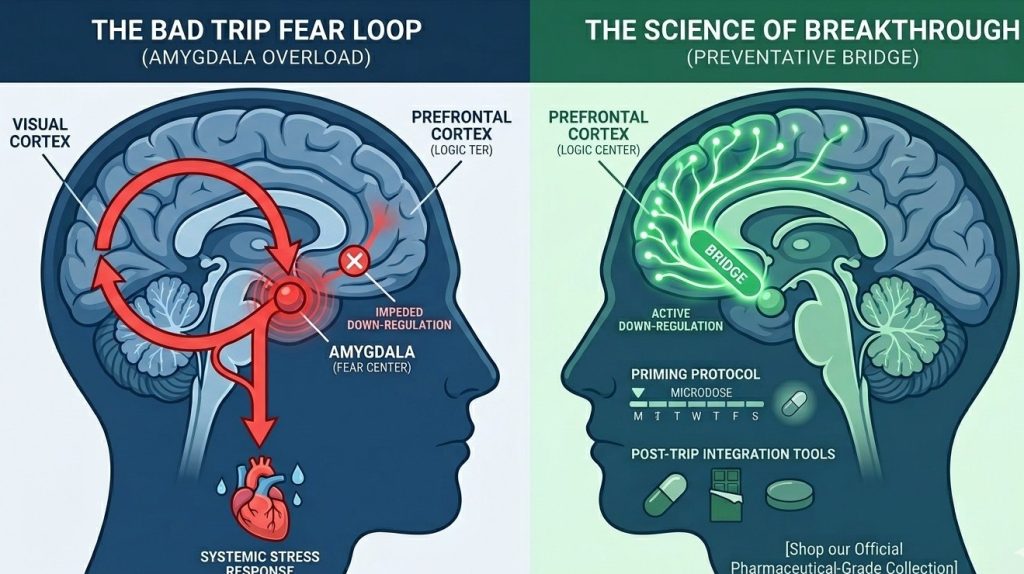 A medical diagram contrasting the 'Bad Trip Fear Loop' caused by Amygdala overload with the 'Science of Breakthrough' showing active Prefrontal Cortex down-regulation and the use of priming protocols.