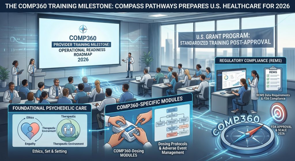 A high-authority infographic visualizing the 'Compass Pathways COMP360 Training Milestone,' detailing 'OPERATIONAL READINESS ROADMAP 2026.' The infographic features multidisciplinary teams in a U.S. healthcare center, broken down by three distinct modules: 1. FOUNDATIONAL PSYCHEDELIC CARE (Ethics, Set, & Setting), 2. COMP360-SPECIFIC MODULES (Dosing & Adverse Events), 3. REGULATORY COMPLIANCE (REMS Data & FDA). A stylized compass points to 'FDA APPROVAL & SCALE 2026.'