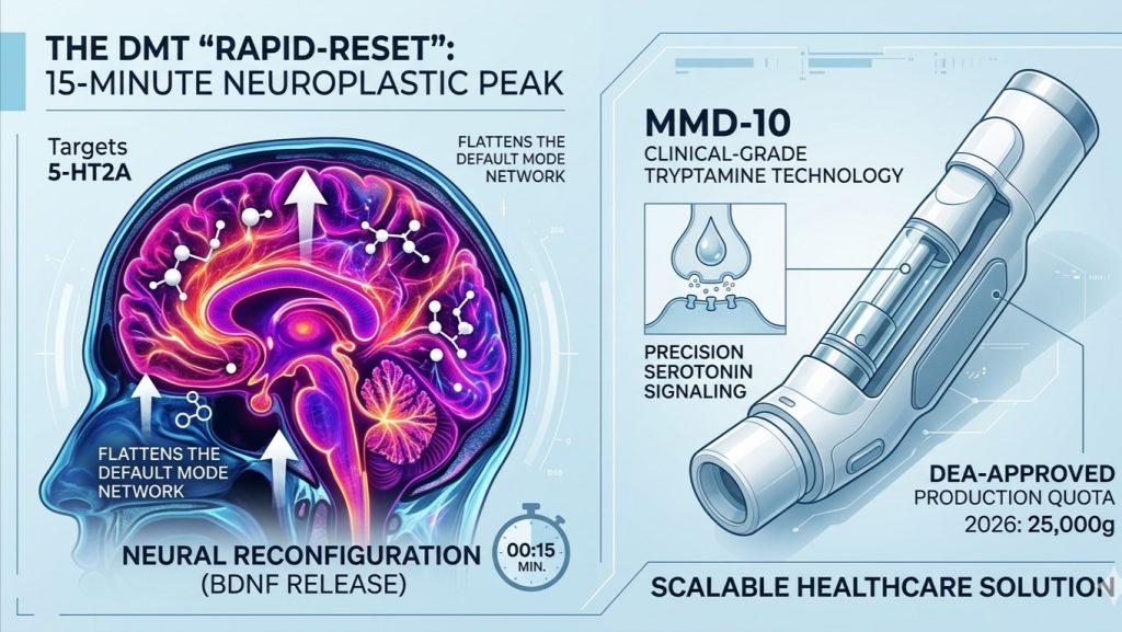 A scientific infographic visualizing 'THE DMT "RAPID-RESET" GUIDE.' The left side shows 'NEURAL RECONFIGURATION' within a 15-minute vibrant brain, while the right side shows a 'PRECISION SEROTONIN SIGNALING' interaction and the '2026 DEA QUOTA 25,000g' milestone.