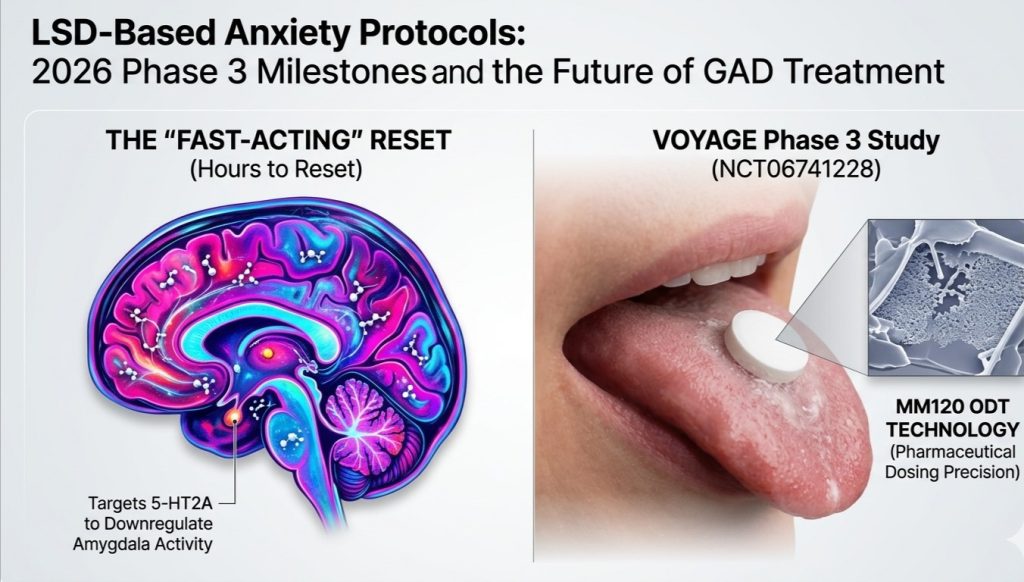 A scientific split-panel infographic comparing a high-entropy vibrant brain scan (showing 'THE "FAST-ACTING" RESET') and a precise orally disintegrating tablet on a human tongue (labeled 'MM120 ODT TECHNOLOGY'), visually synthesizing the core themes of the LSD-based anxiety protocols for GAD.
