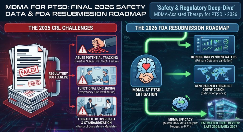 Regulatory infographic for MDMA for PTSD 2026, visualizing the FDA resubmission roadmap, the 2025 CRL challenges, and the Hedges' g meta-analysis results for clinical efficacy.