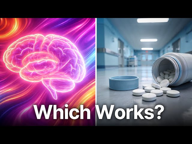 A split image comparing a vibrant, glowing, high-entropy brain and an array of pharmaceutical antidepressant pills, visually contrasting the neuroplasticity mechanisms discussed in the psychedelics vs. antidepressants 2026 data.