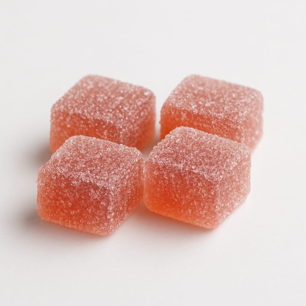 Four square sugar-coated MDMA Gummies demonstrating a structured polymer matrix format for controlled enteric release.