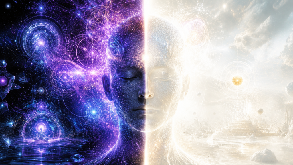 Abstract split face illustration representing the visual geometric realm of N,N-DMT on the left versus the non-dual white light of 5-MeO-DMT on the right.