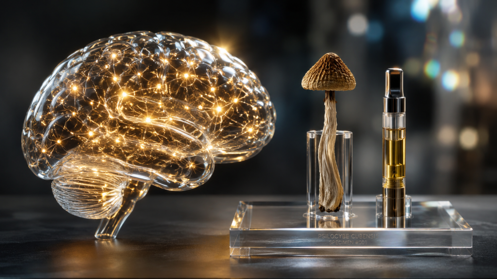 Psychedelics and problem solving featuring a glowing neural network brain alongside a psilocybin mushroom specimen and vape cartridge