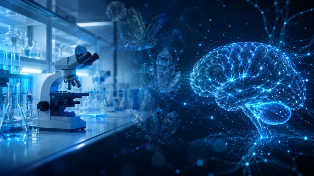 Abstract clinical laboratory showing a microscope alongside a glowing digital human brain and crystalline structures to symbolize FDA Phase 3 milestones in neuroplasticity research.