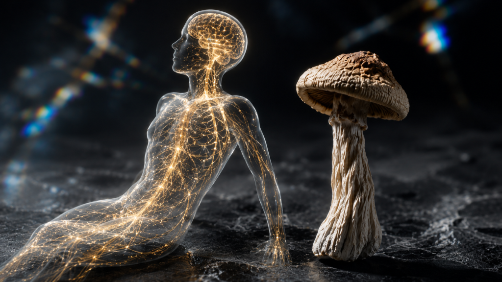 Healing somatic trauma with psilocybin showing a glowing neural nervous system human figure next to a dried magic mushroom