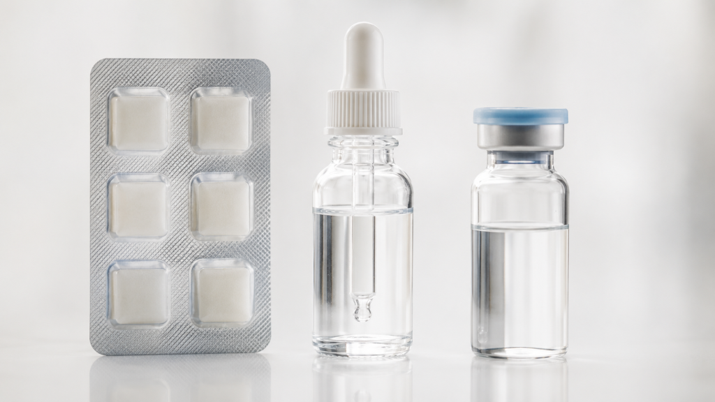 Comparison of ketamine formulations showing troches blister pack, liquid dropper bottle, and sterile injectable vial