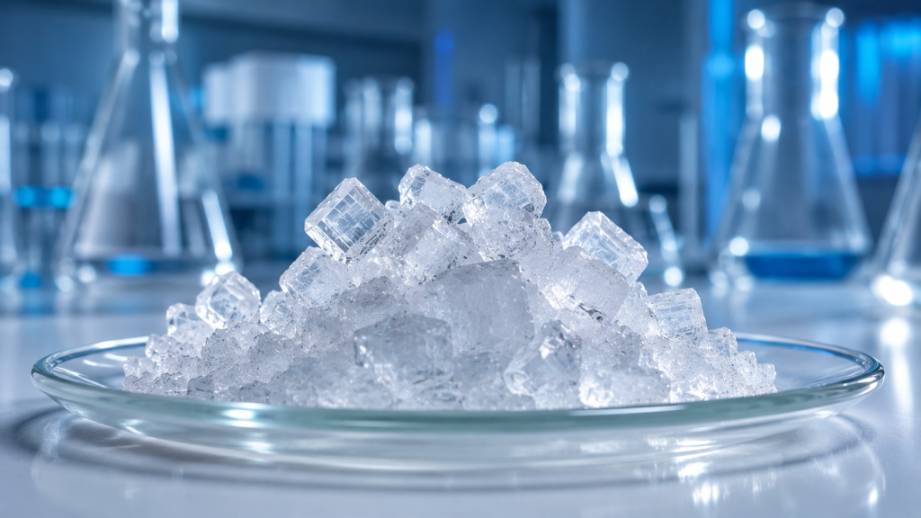 Macro photograph of pure hydrochloride salt crystals demonstrating high phenethylamine HCl stability for long term storage.