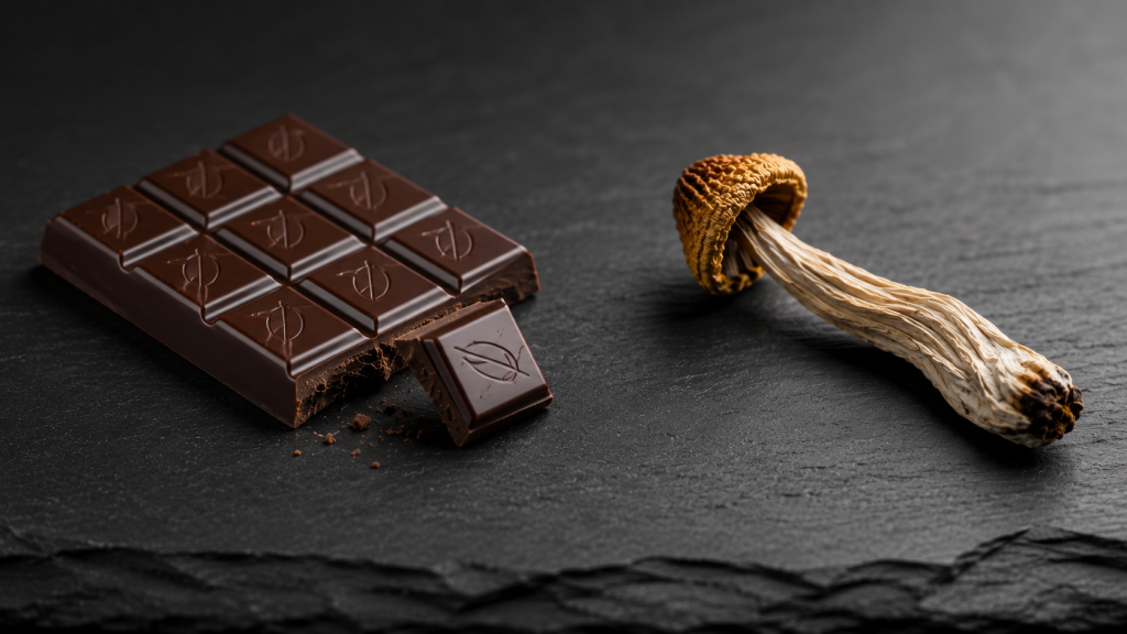 Psilocybin chocolate bar vs dried shrooms comparison featuring scored dark chocolate grid squares next to a whole dried psilocybin mushroom