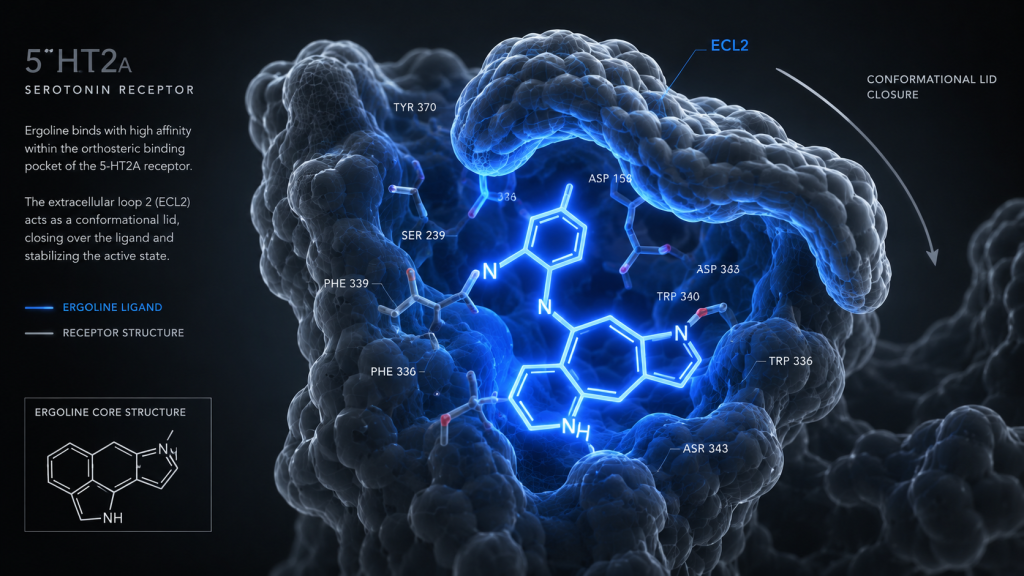 3D molecular biology diagram explaining the receptor trapping mechanism where the 5-HT2A ECL2 loop forms a conformational lid over the ergoline core.
