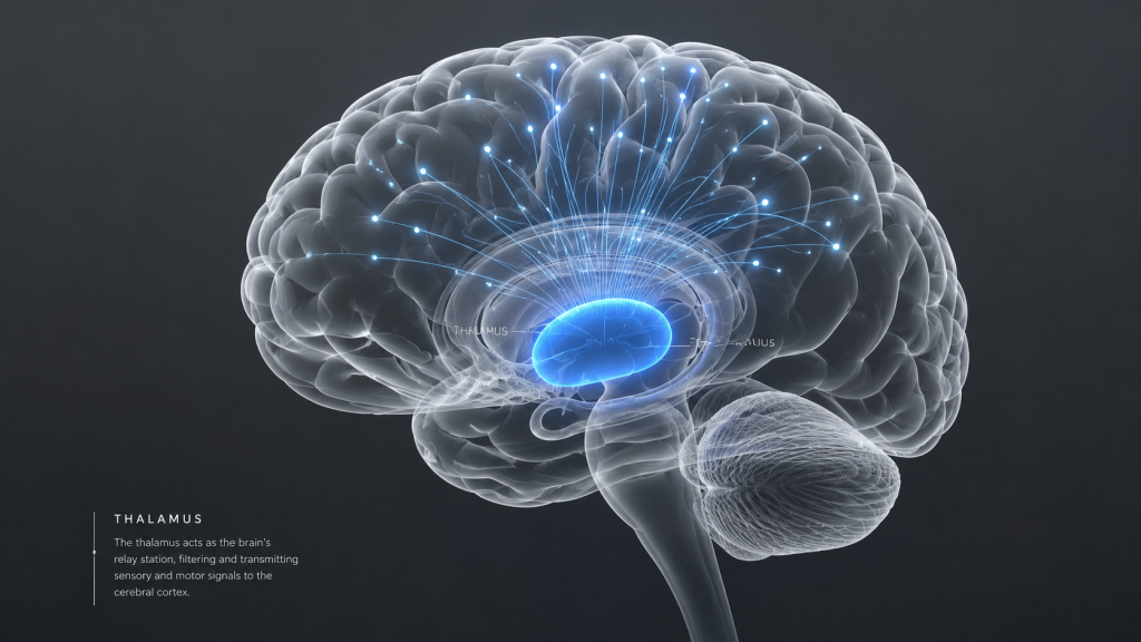 Thalamic Gating Theory 3D neuroanatomy diagram showing classical tryptamines filtering sensory data in the human brain.