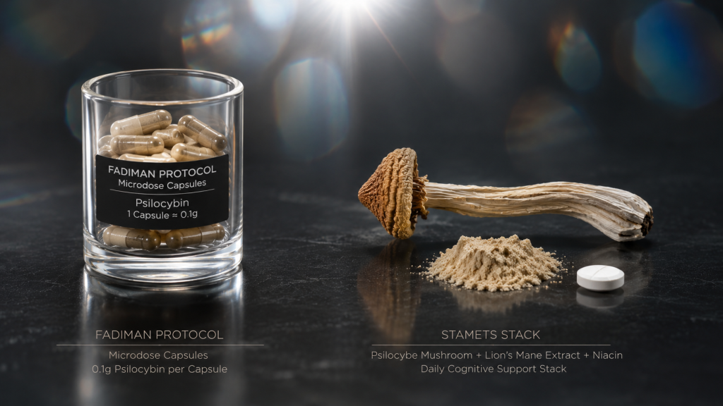 Microdosing protocol comparing Fadiman capsules on the left with Stamets stack mushroom, Lion's Mane, and Niacin on the right
