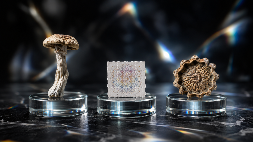 What are the big 3 psychedelics - dried magic mushroom, LSD blotter sheet, and dried peyote mescaline cactus on glass display stands