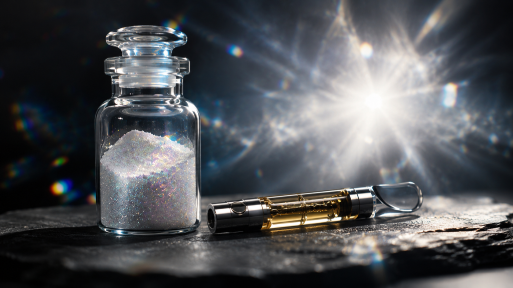 What is more powerful than DMT - glass vial of white crystalline powder beside a vape cartridge under bright white light flare