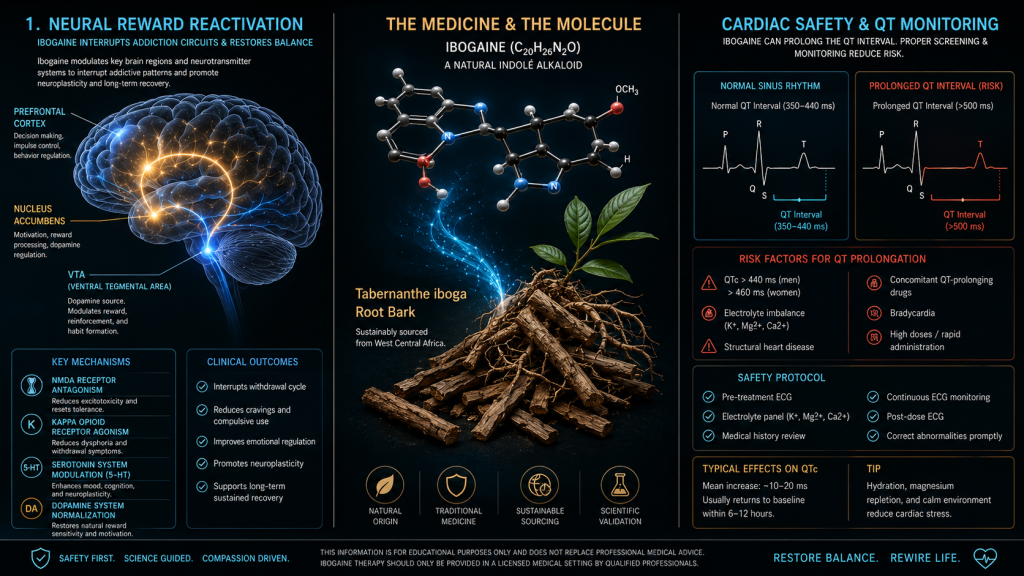 A detailed scientific infographic explaining Ibogaine therapy: neural reward reactivation, raw Tabernanthe iboga root bark properties, and cardiac safety QT monitoring.