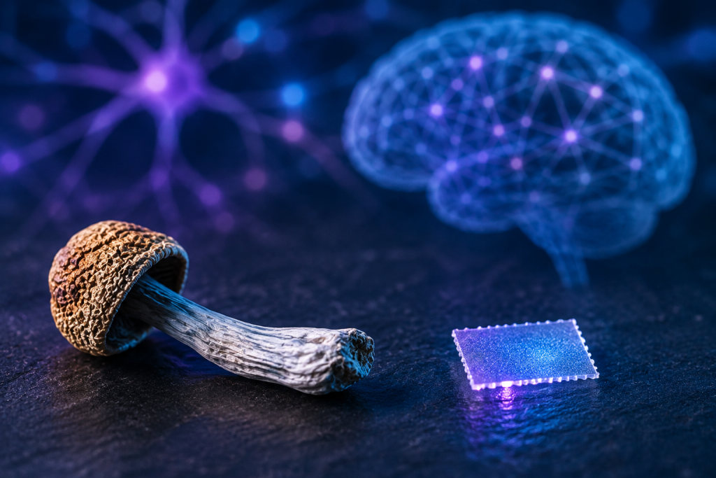 Comparison of a psilocybin mushroom and LSD tab alongside a glowing neural brain graphic for depression and anxiety research.
