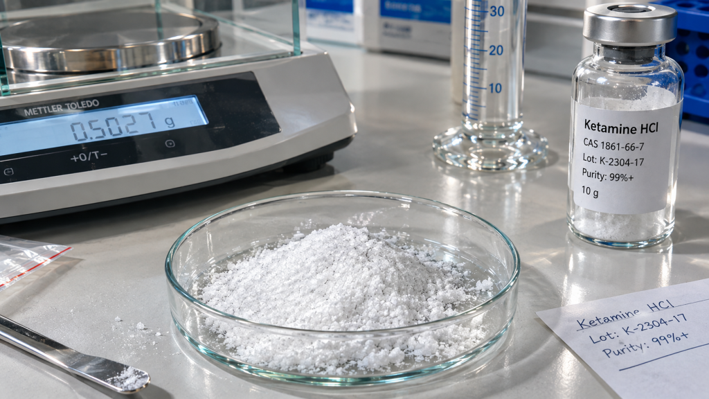 Lab-tested raw ketamine powder in a glass Petri dish next to an analytical scale and labeled Ketamine HCl vial
