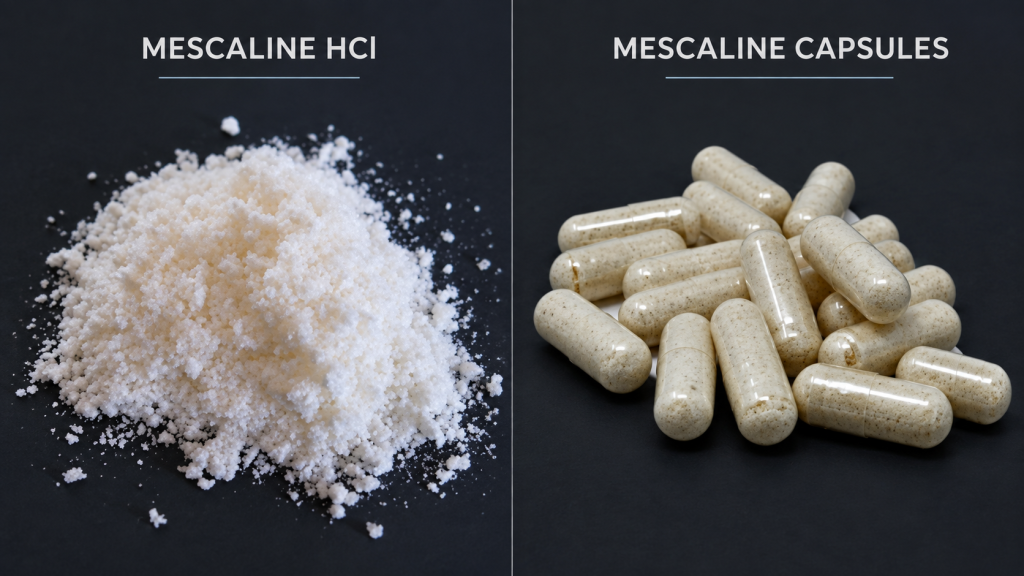 Mescaline HCl crystalline powder alongside Mescaline Capsule units comparison