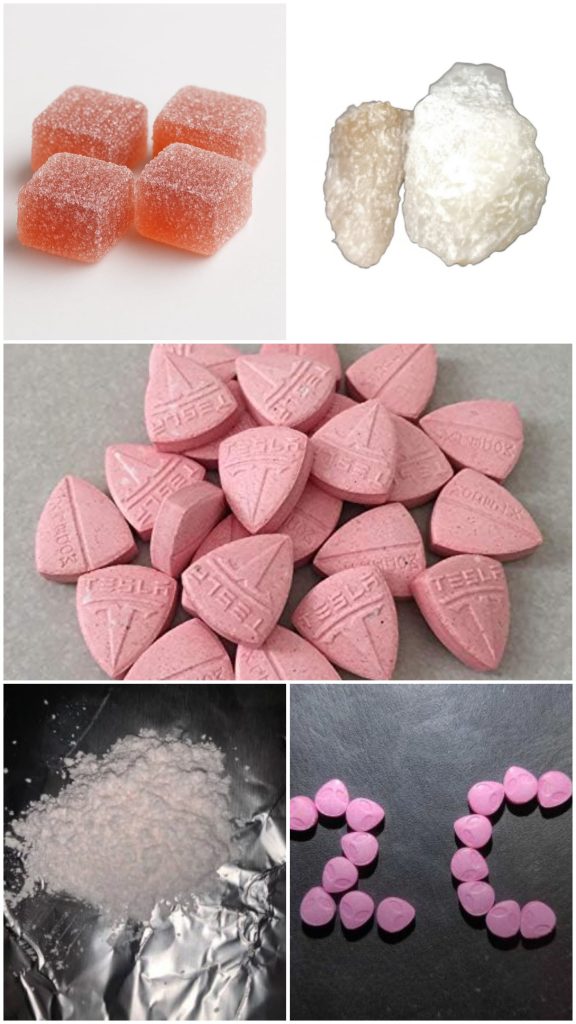 Collage showing 2C-B pressed pills, Molly MDMA crystals, powder, ecstasy tablets, and oral gummies.