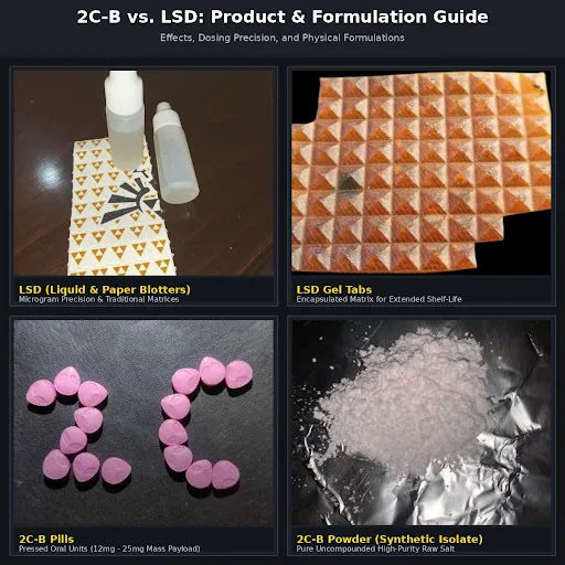 2C-B vs LSD product guide showing liquid LSD dropper bottles, paper blotters, orange gel tabs, pink alien 2C-B pills, and pure 2C-B powder.